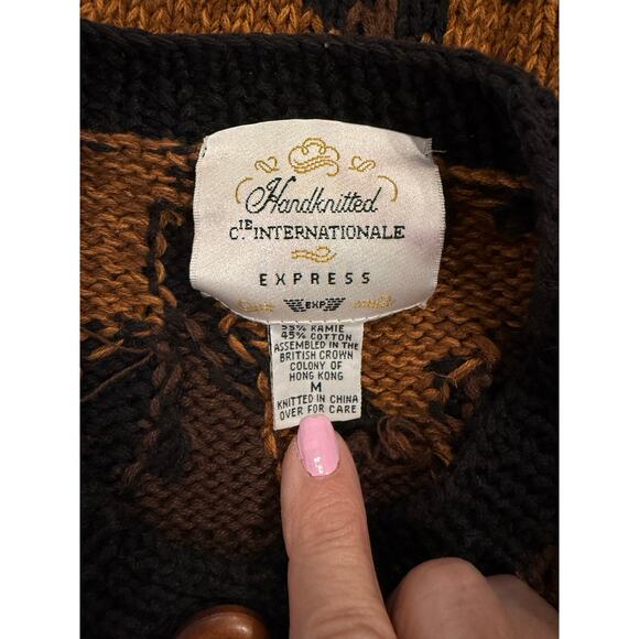 Express Long Sleeve Animal Print Cardigan Sweater Ribbed Knit Brown Women's Med - Picture 5 of 10